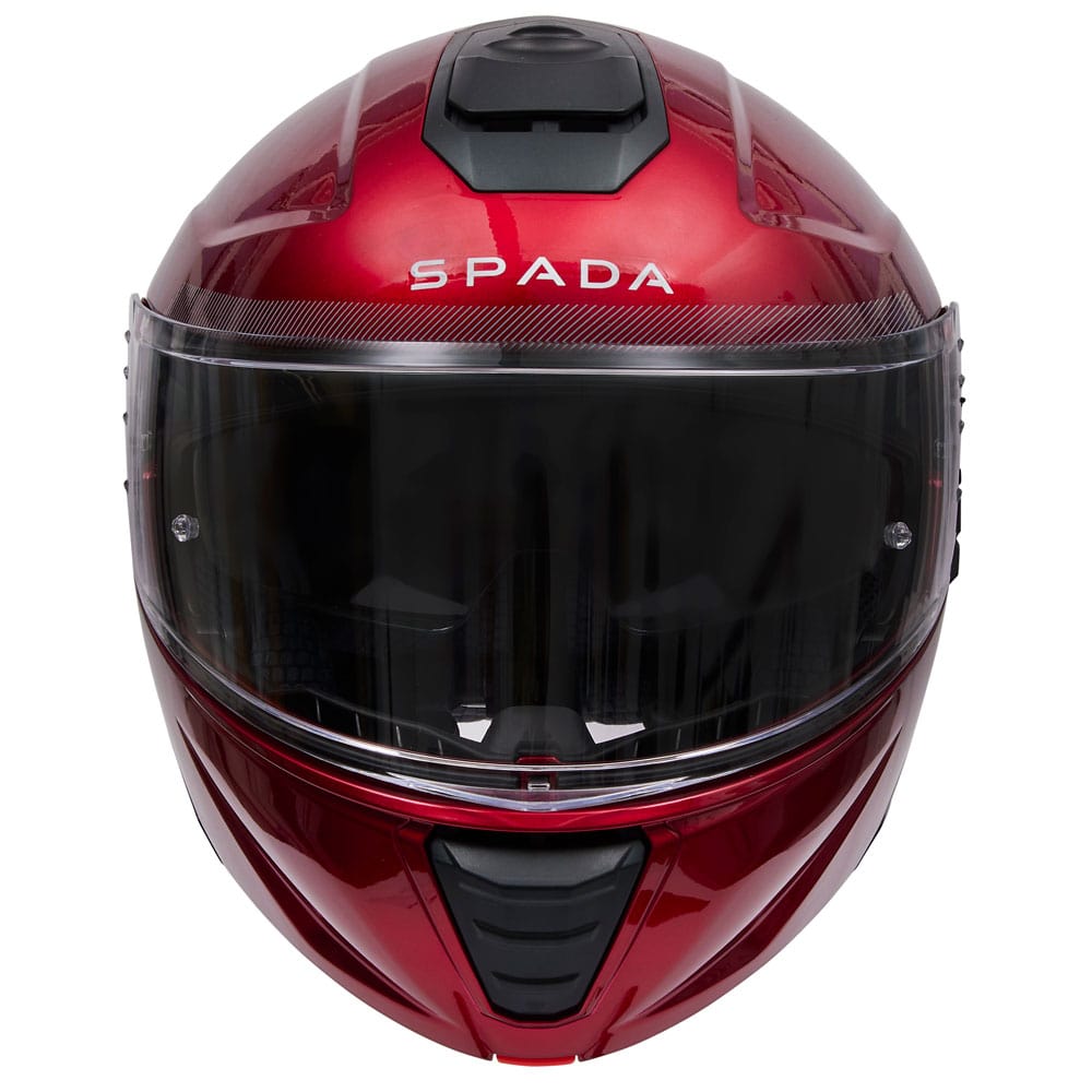 front of red flip up motorcycle helmet with white spada logo