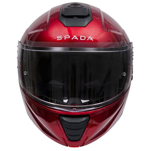 front of red flip up motorbike helmet with white spada logo