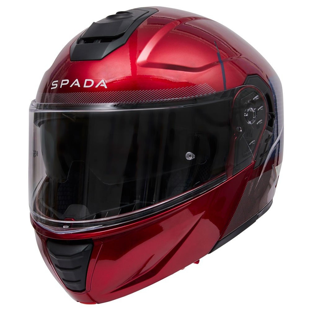 side view of red flip up motorcycle helmet