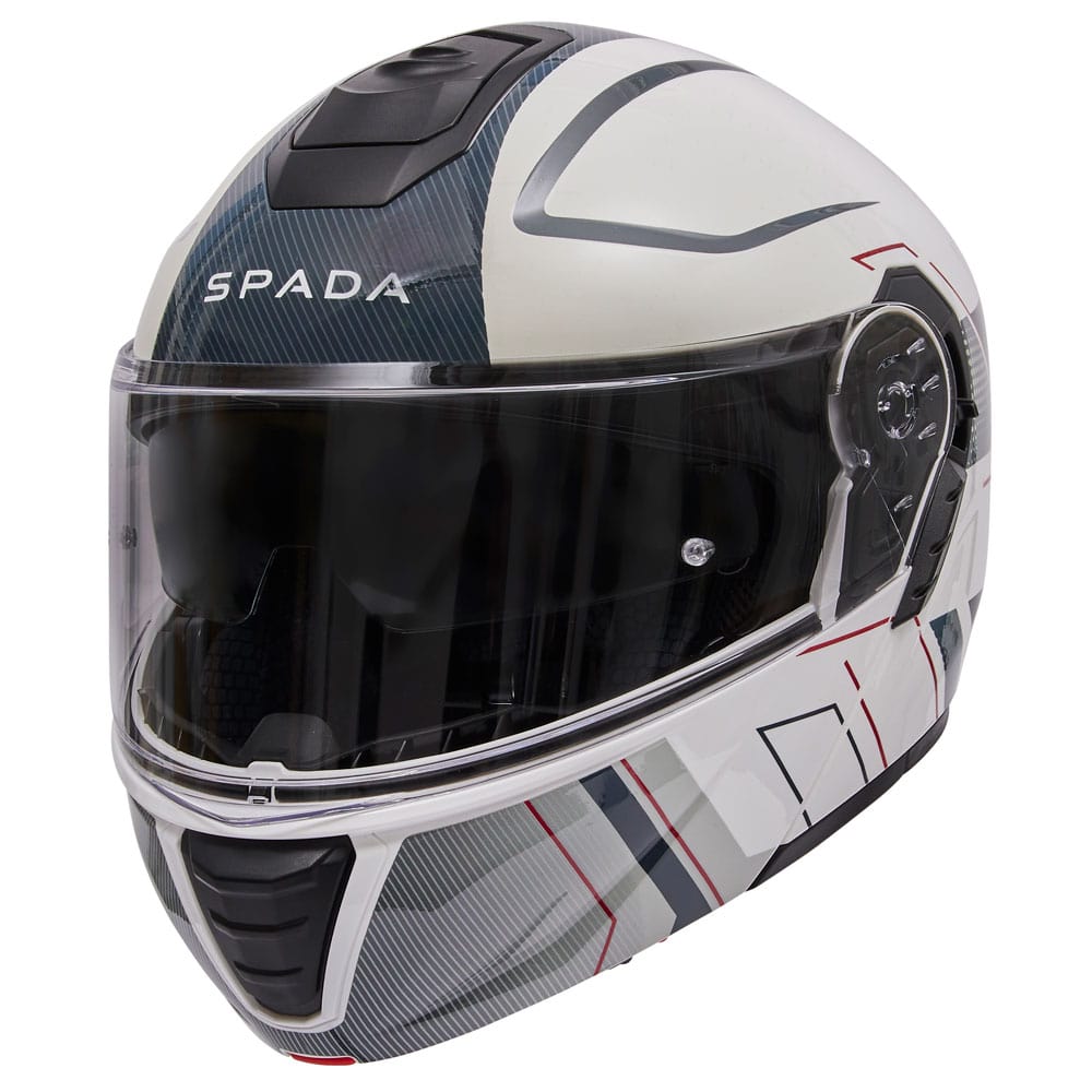 side view of black and white grey flip up motorcycle helmet