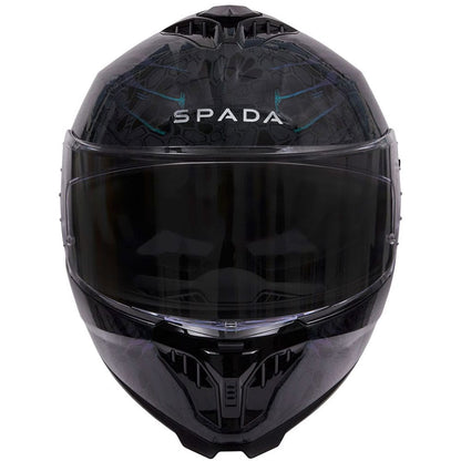 front of black with green design full face motorcycle helmet with drop down visor