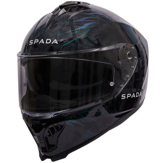 side view of black with green design full face motorcycle helmet with drop down visor