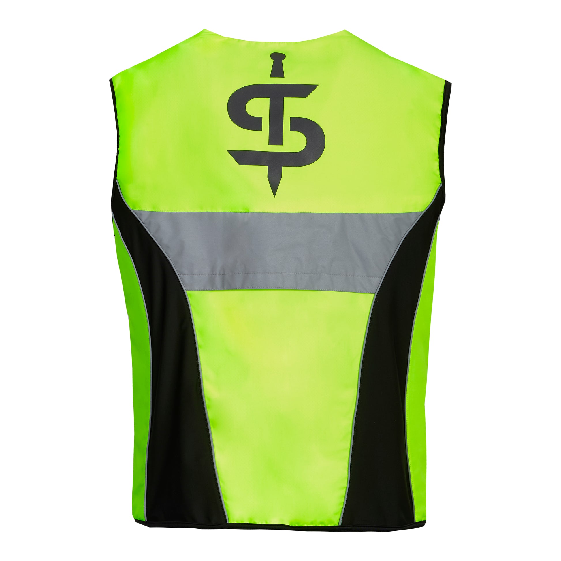 back of yellow fluorescent high visibility vest with ventilation and black logo