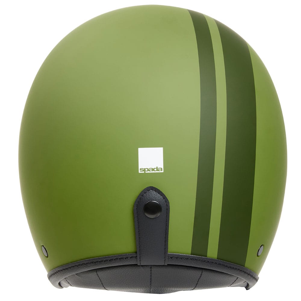 back of matt green open face motorcycle helmet