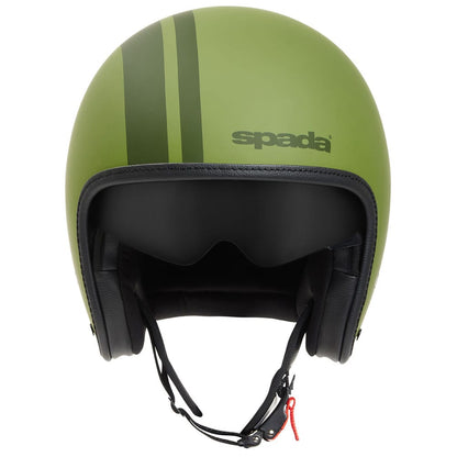 front of matt green open face motorcycle helmet