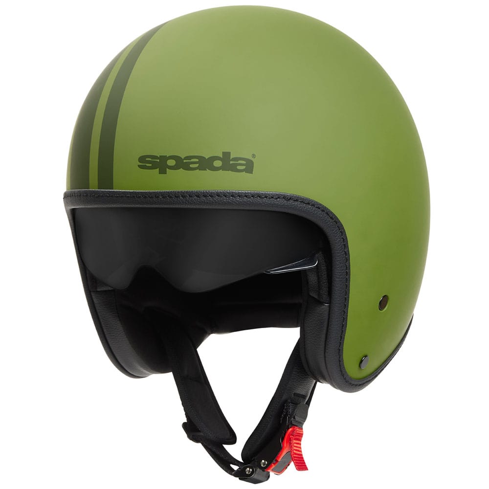 side view of matt green open face motorcycle helmet