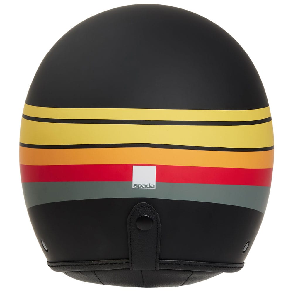 back of black and multicoloured open face motorcycle helmet