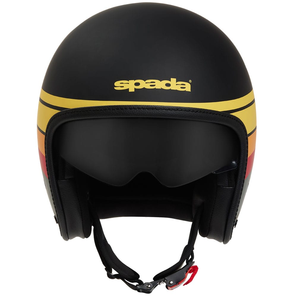 front of black and multicoloured open face motorcycle helmet with tinted visor