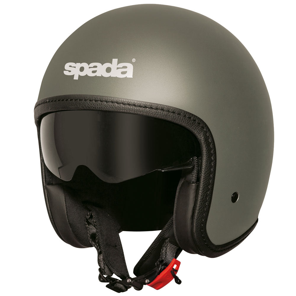 side view of matte olive green open face motorcycle helmet with tinted visor