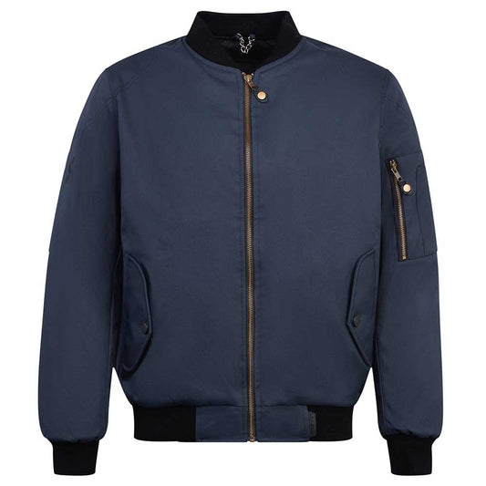 front of navy blue bomber jacket for men