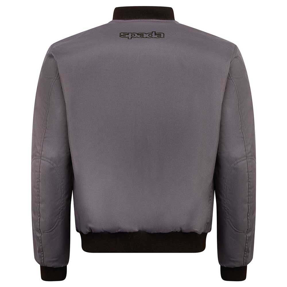 back of platinum grey protective motorcycle bomber jacket for men with black logo