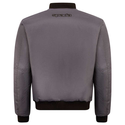 back of platinum grey protective motorcycle bomber jacket for men with black logo