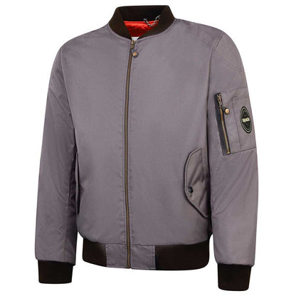 side view of platinum grey protective motorcycle bomber jacket for men with arm pocket