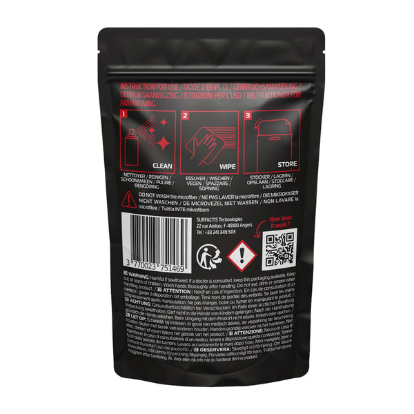 Black packaging with red and white text and symbols on a white background