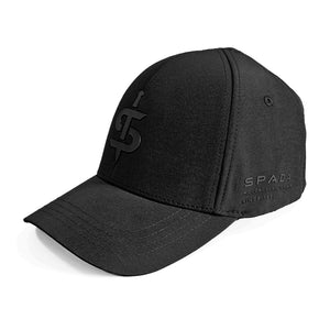 A black Spada branded baseball cap with a curved brim and a high-build rubber logo on the front.
