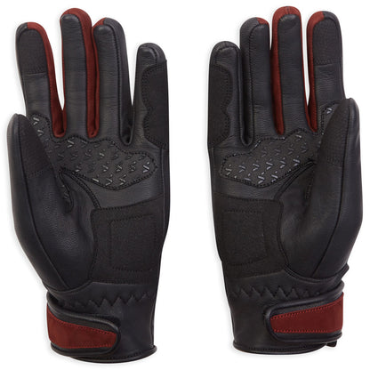 inside of black leather ladies gloves with silicone grip on palms and burgundy detailing