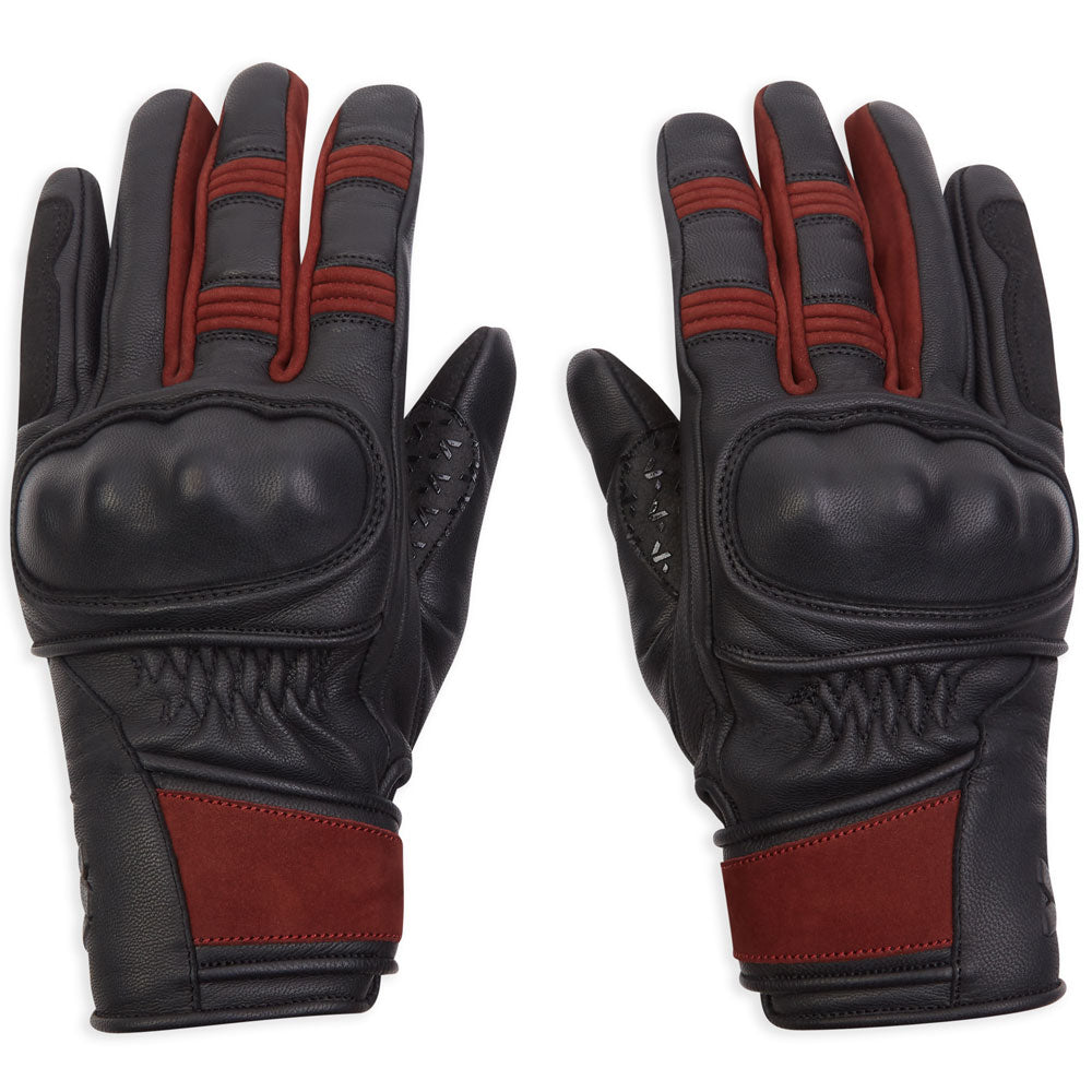 front of black leather ladies motorcycle gloves with red detailing with knuckle protection