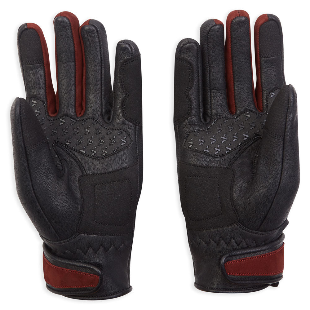 back of black women's leather motorcycle gloves with burgundy stitching