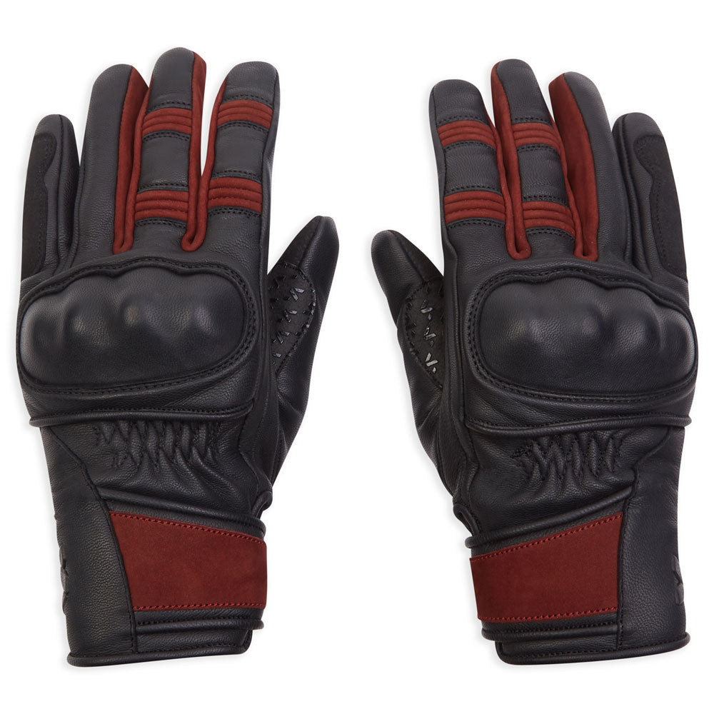 front of black women's leather motorcycle gloves with burgundy details