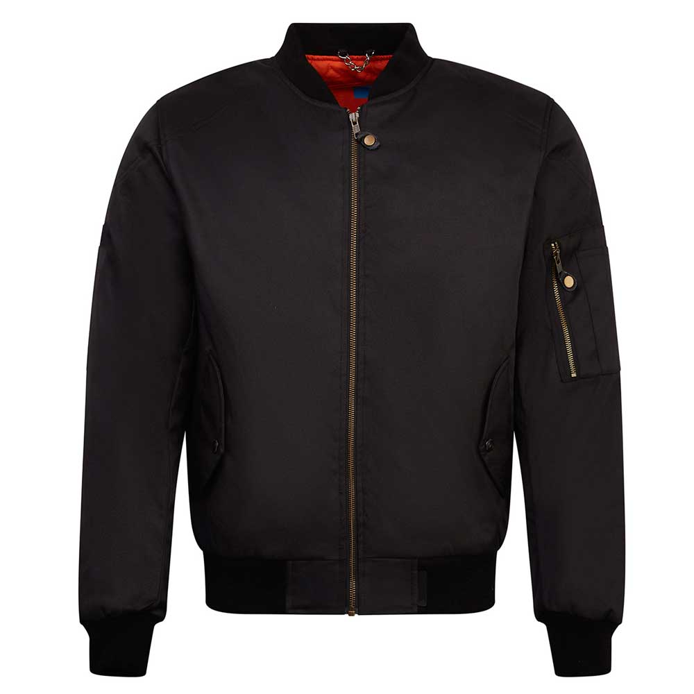 front of zipped black motorcycle bomber jacket for men