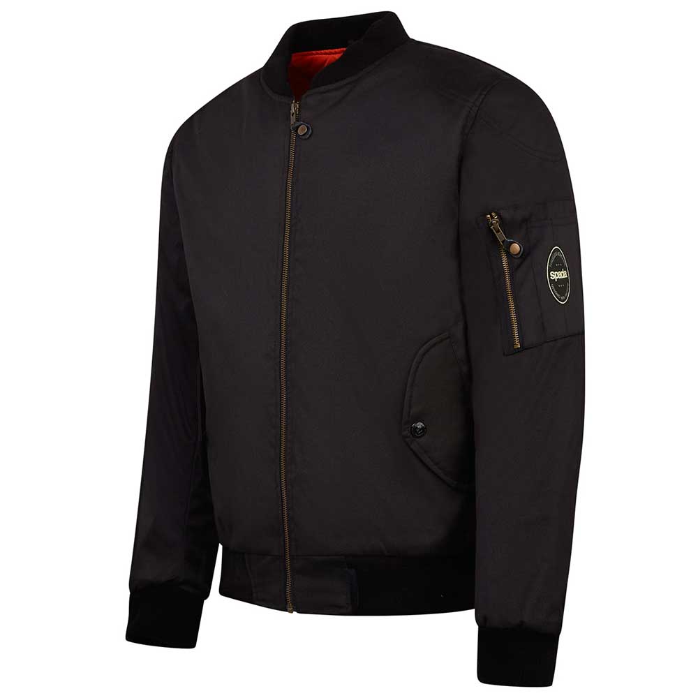 side view of black bomber jacket for bikers with side sleeve pocket