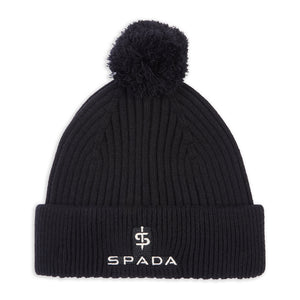 flat lay of black bobble beanie hat with white branding