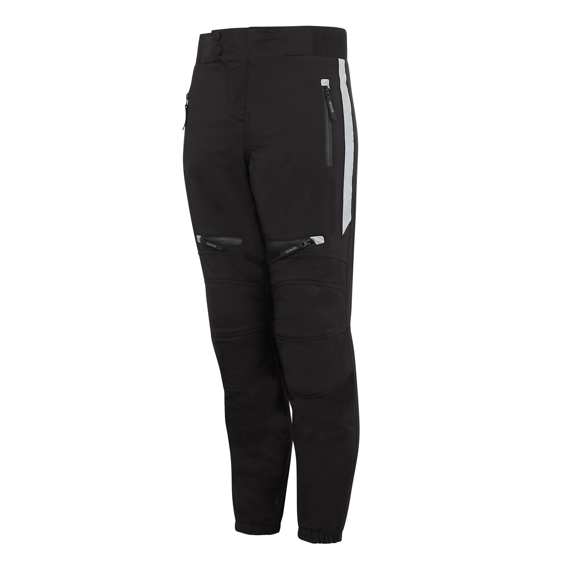 black waterproof motorcycle trousers with visibility strip on the side