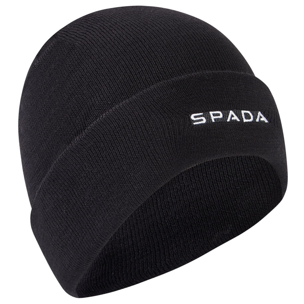 black gear beanie hat for biker with white spada logo