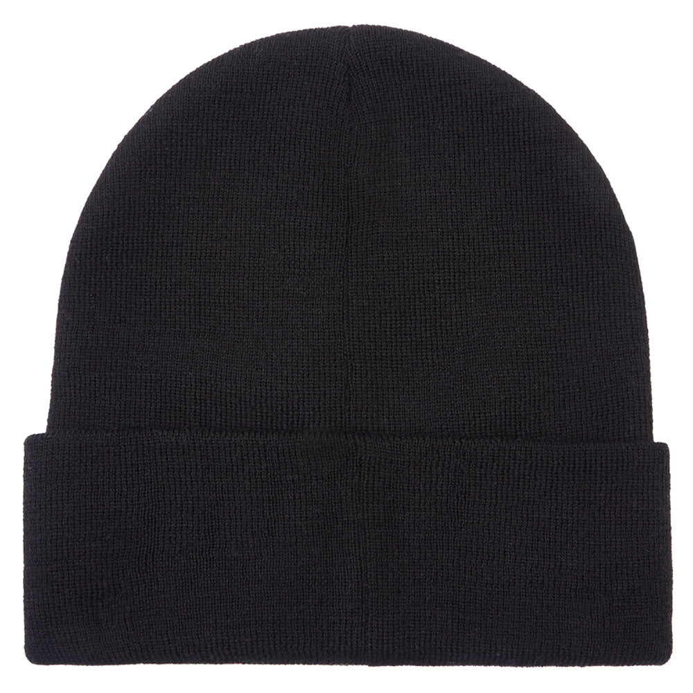 flat lay of back of black beanie hat for biker