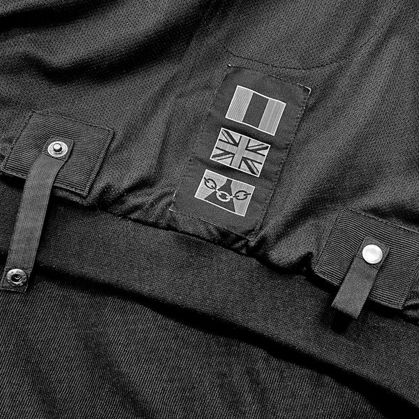 Close-up of belt loop attachments on Blade Black motorbike hoodie – secure trouser connection for added safety during rides