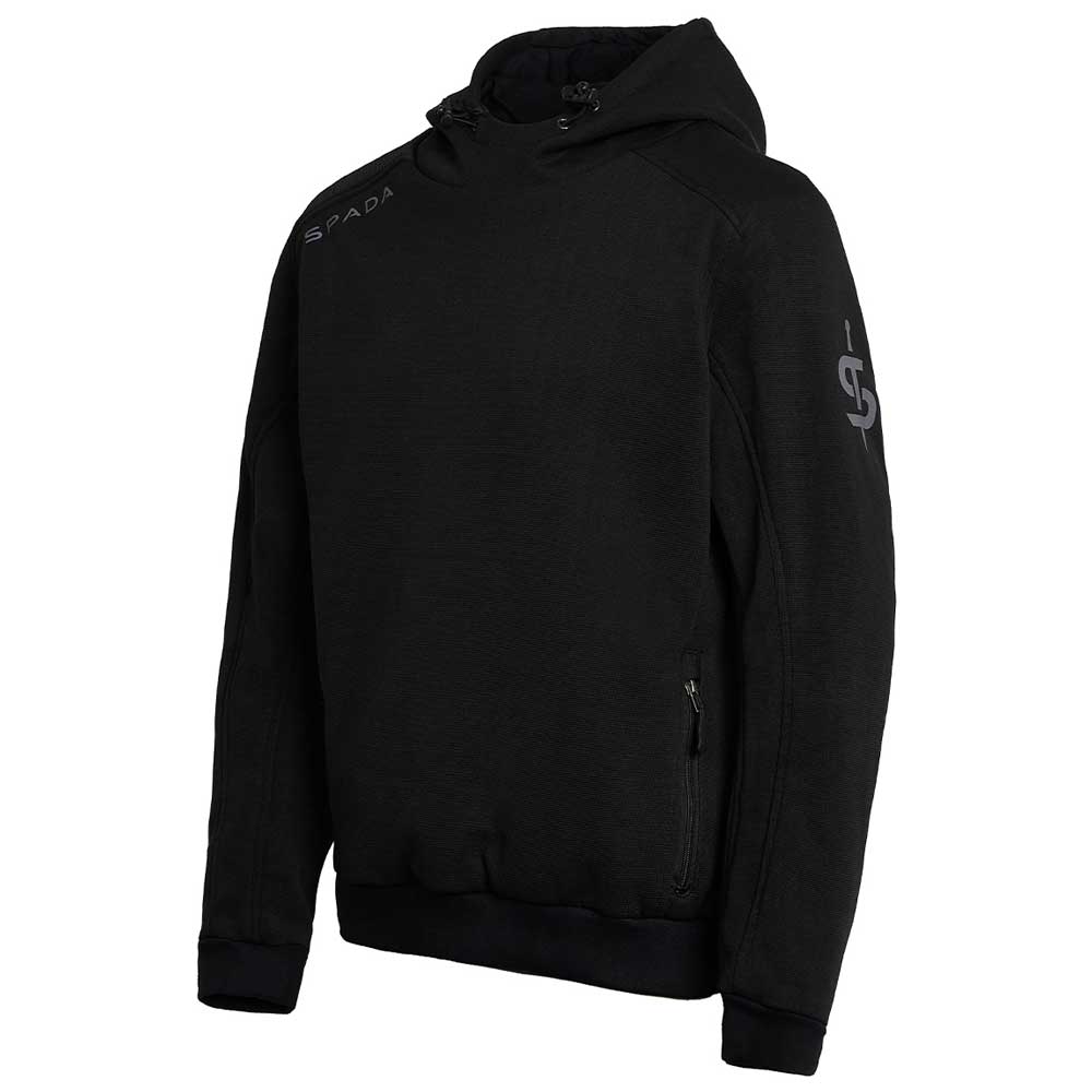 side view of black protective motorcycle hoodie for men and women with kangaroo pouch