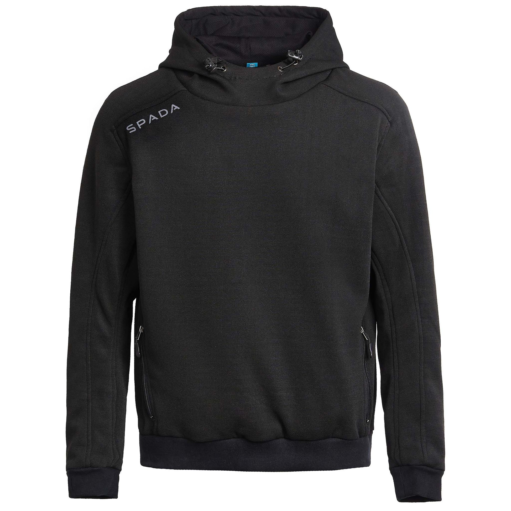 Front view of Blade Black unisex motorcycle hoodie – pullover design with protective build and clean streetwear styling for men and women