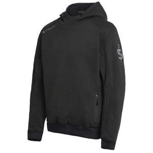 Side profile of Blade Black motorbike hoodie showing athletic cut, 4-way stretch fabric, and unisex fit for riders