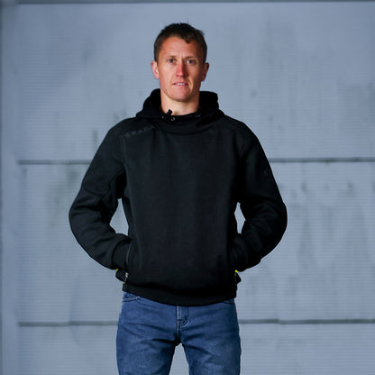 dean harrison wearing protective black spada hoodie for riding