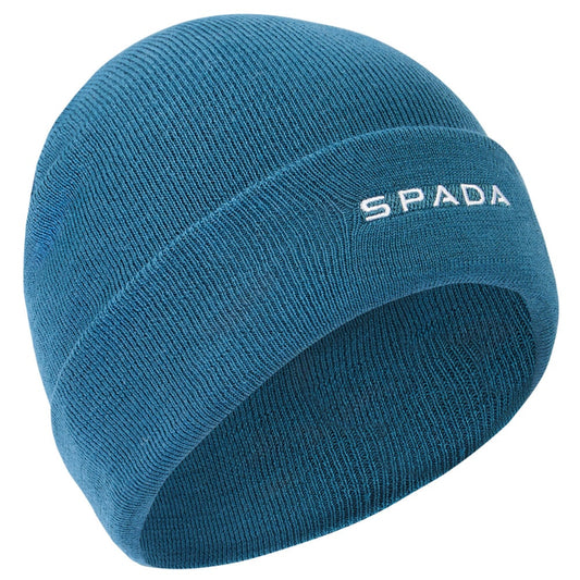 blue beanie hat with white spada logo for motrocyclists