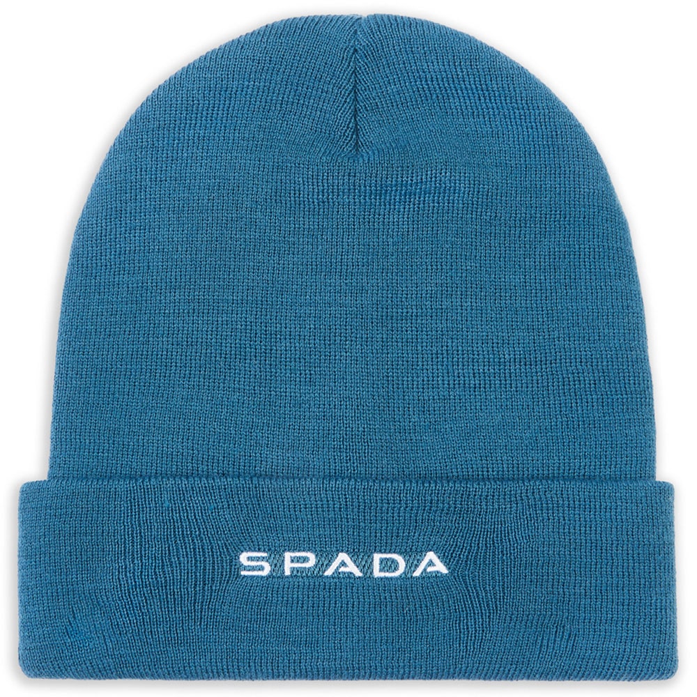 flatlay of front of blue beanie hat with turned up brim