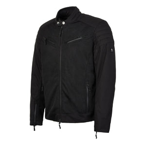 Side view of black Cafe Air motorcycle jacket showing ergonomic fit and mesh fabric for breathability