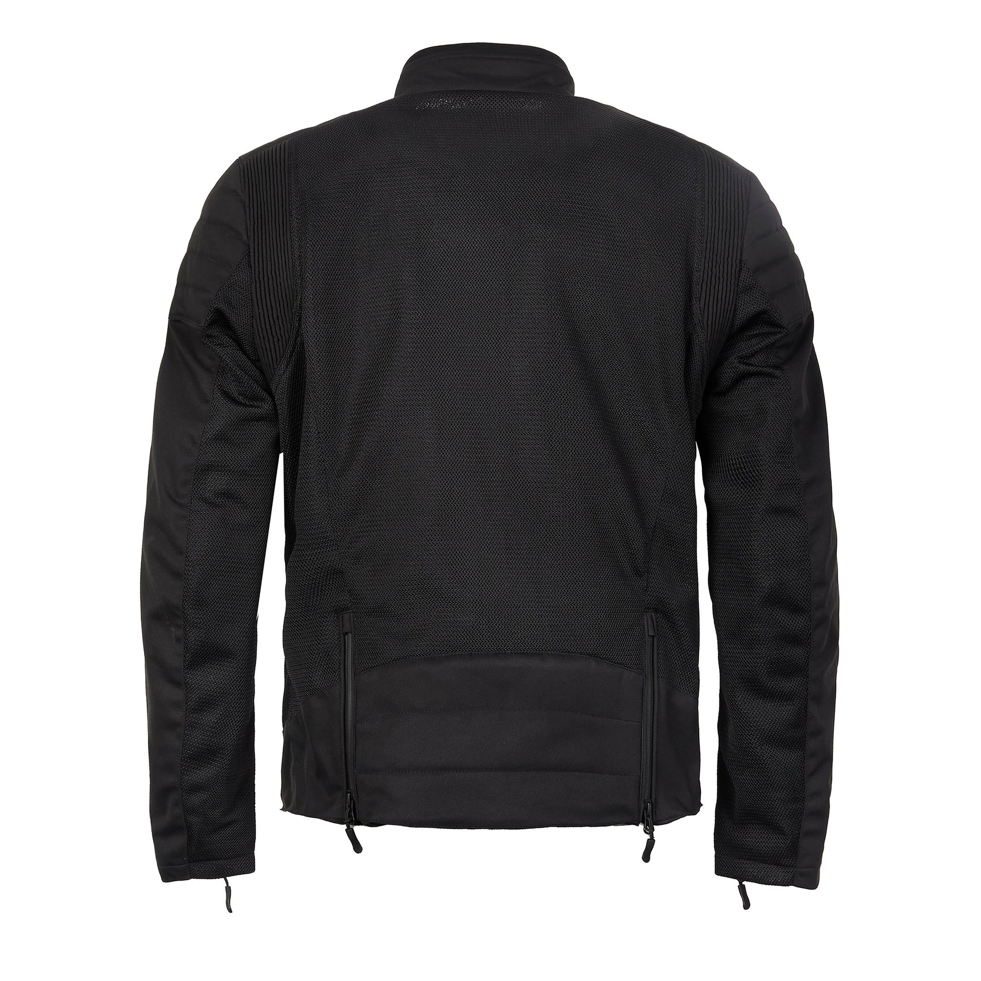 Rear view of Cafe Air lightweight black motorbike jacket featuring padded lumbar detail and accordion panels