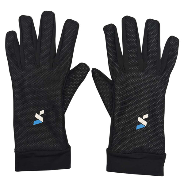 A pair of black motorcycle gloves with visible brand logo on the back.