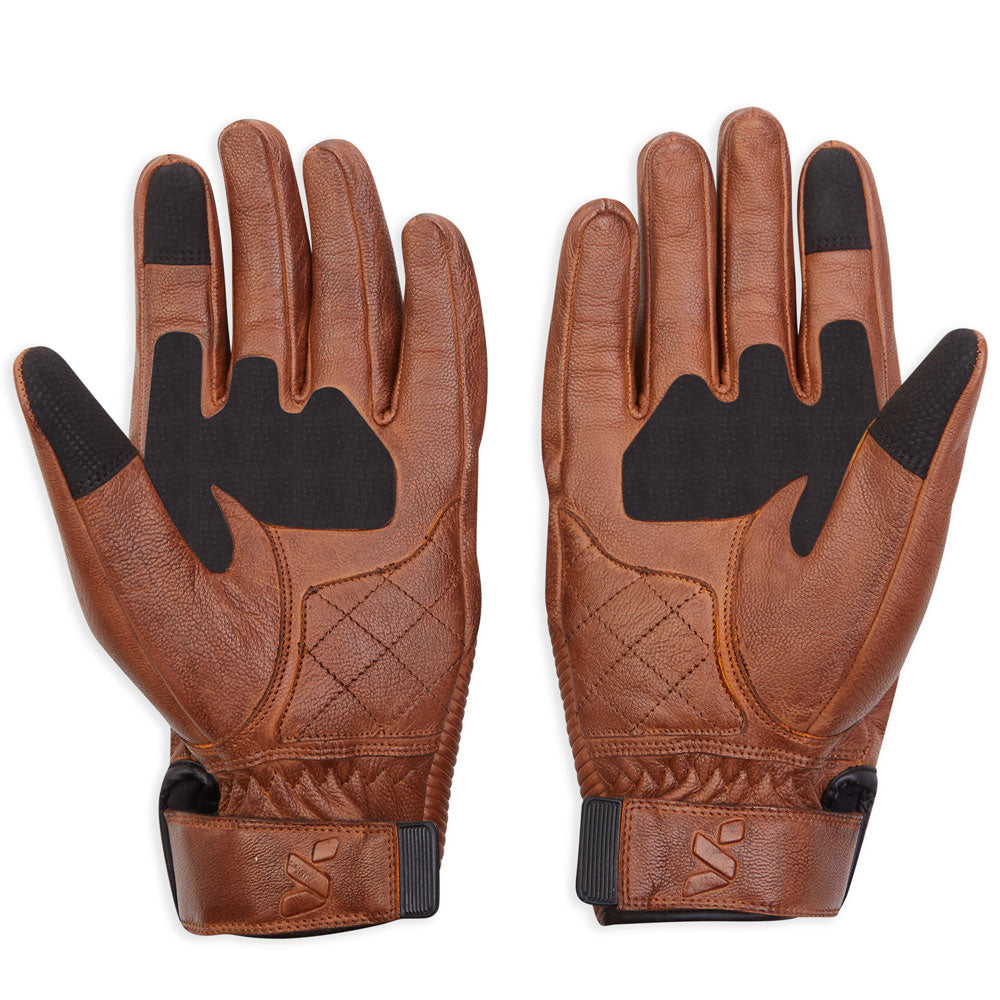 palm of brown leather motorcycle gloves with touchscreen and grip panels