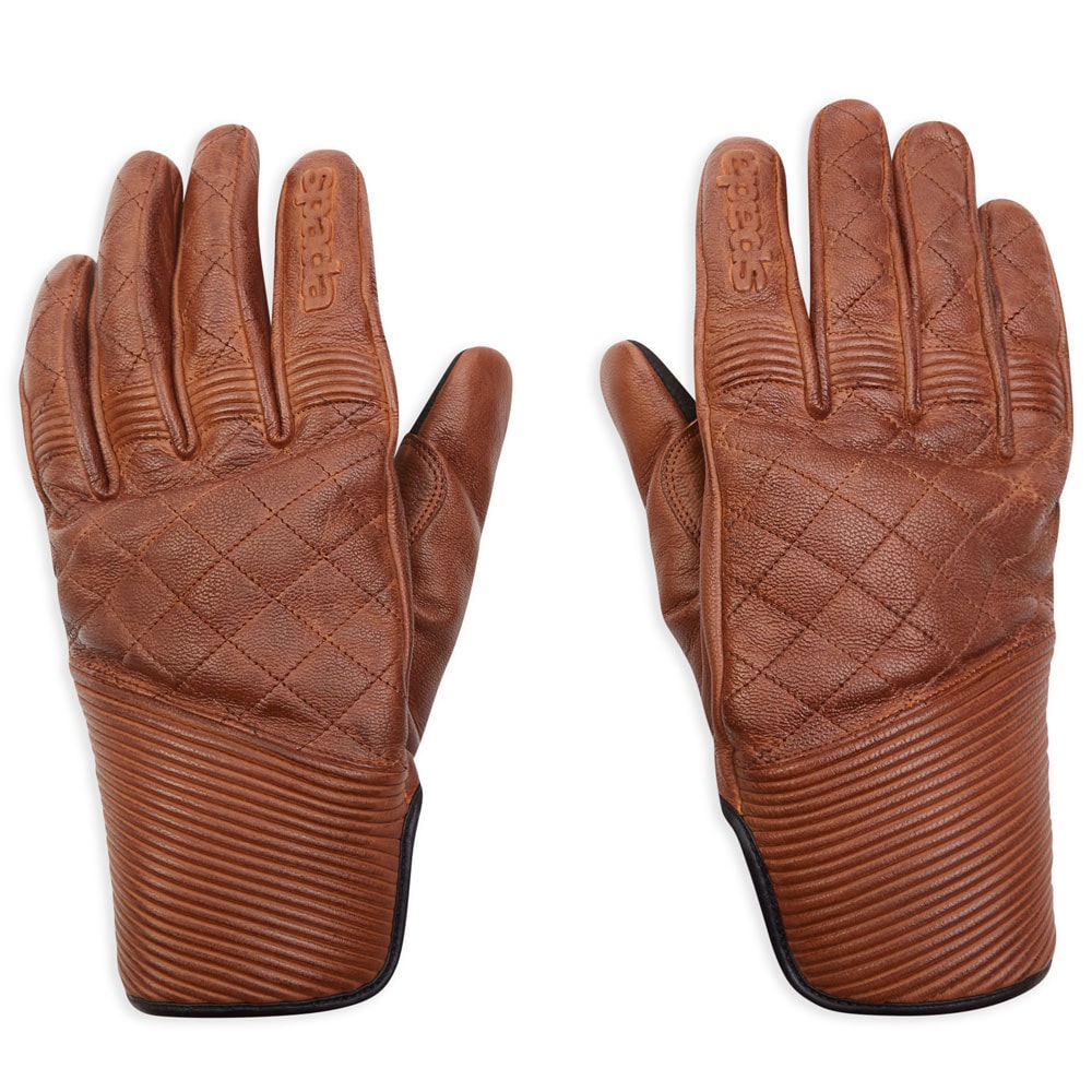 front of brown leather motorcycle gloves with quilted design