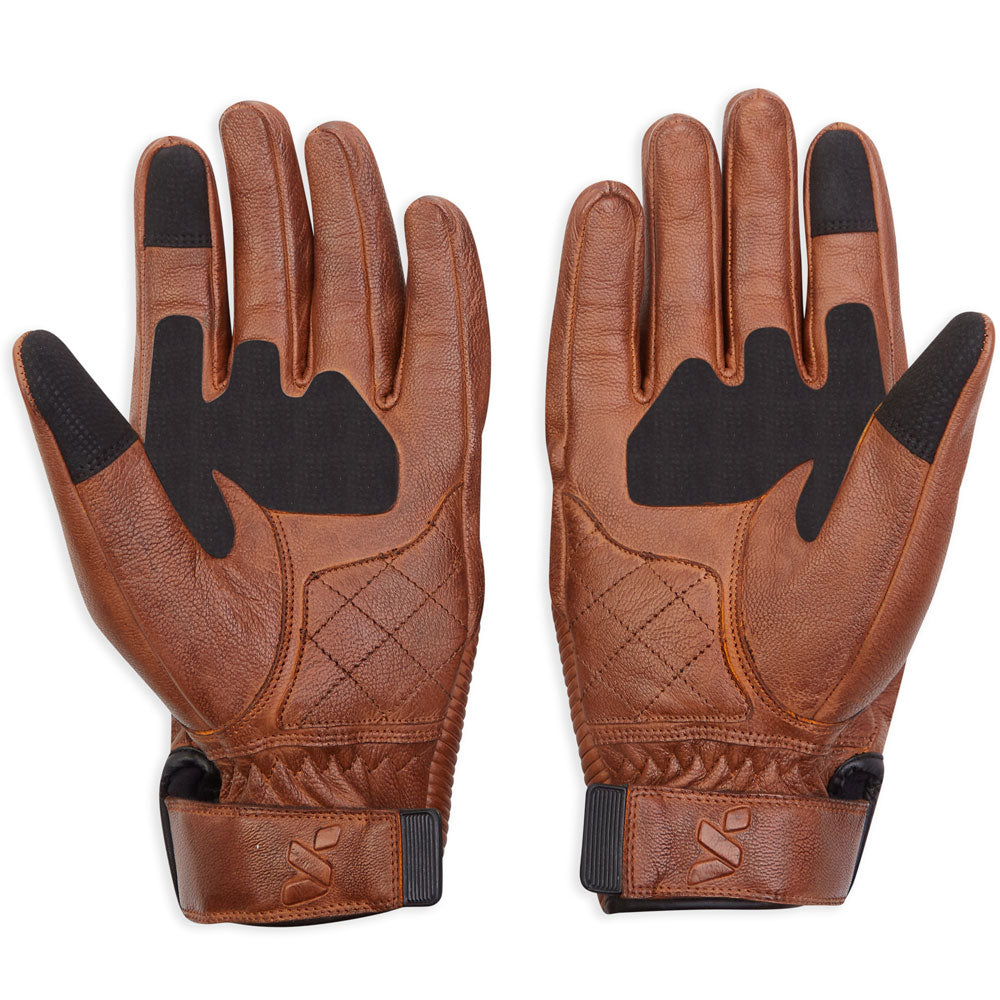 brown leather motorcycle gloves with black silicone palm grips and touchscreen compatible index and thumb