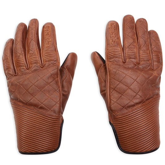 front of brown leather motorcycle gloves with accordion stitching detail