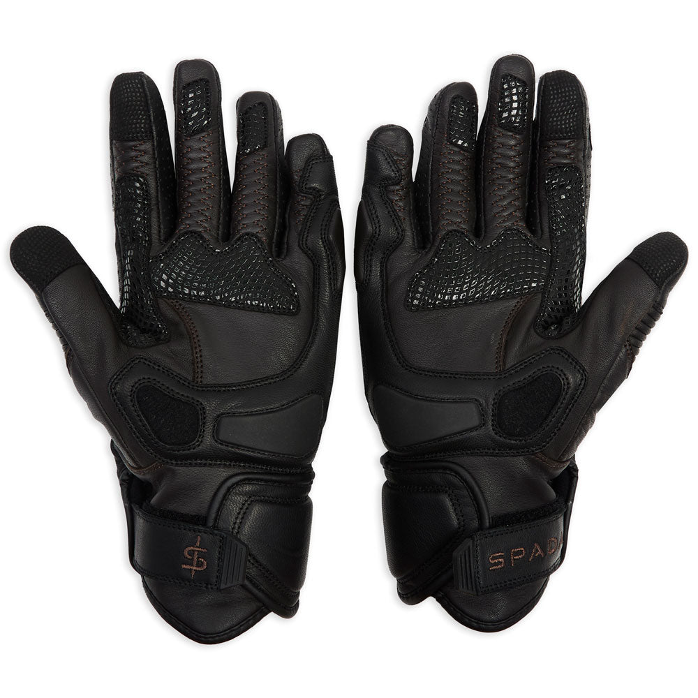 inside of black leather motorcycle gloves with anti-slip palm overlays