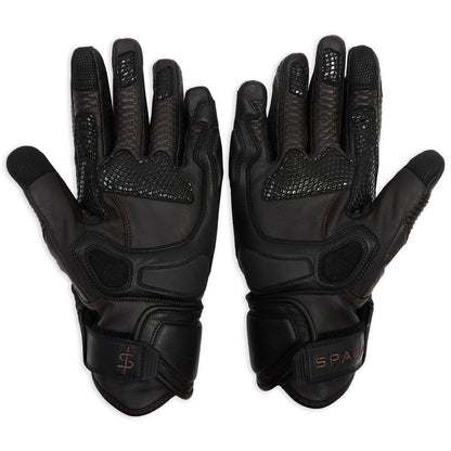 inside of black leather motorcycle gloves with anti-slip palm overlays and grip