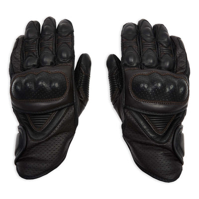 pair of leather motorcycle gloves in black and brown with protective knuckles