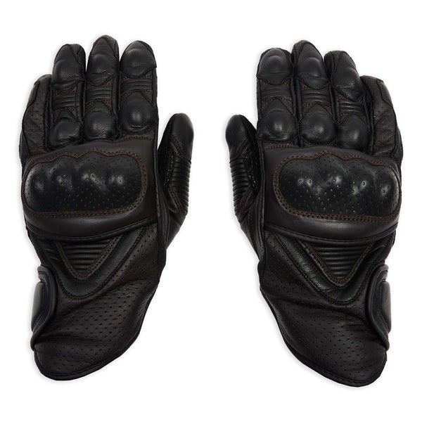pair of leather motorcycle gloves in black and brown with protective knuckles