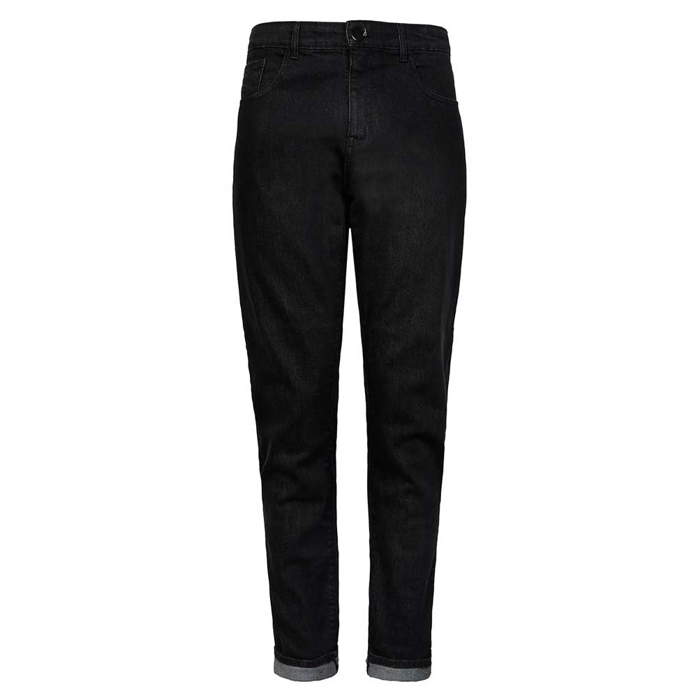 front of black motorcycle jeans for men and women with zip and button closure