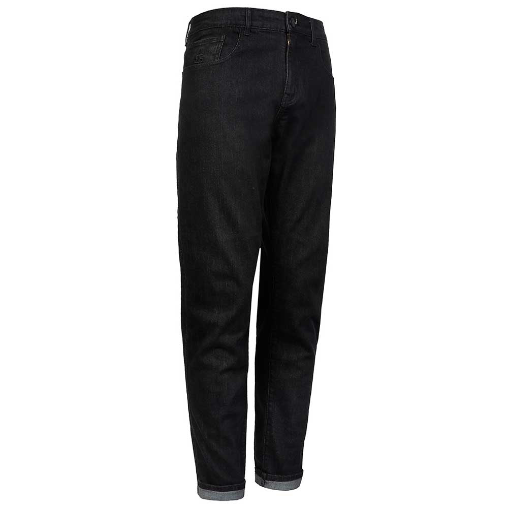 side view of black motorcycle jeans for men and women with rolled over cuff