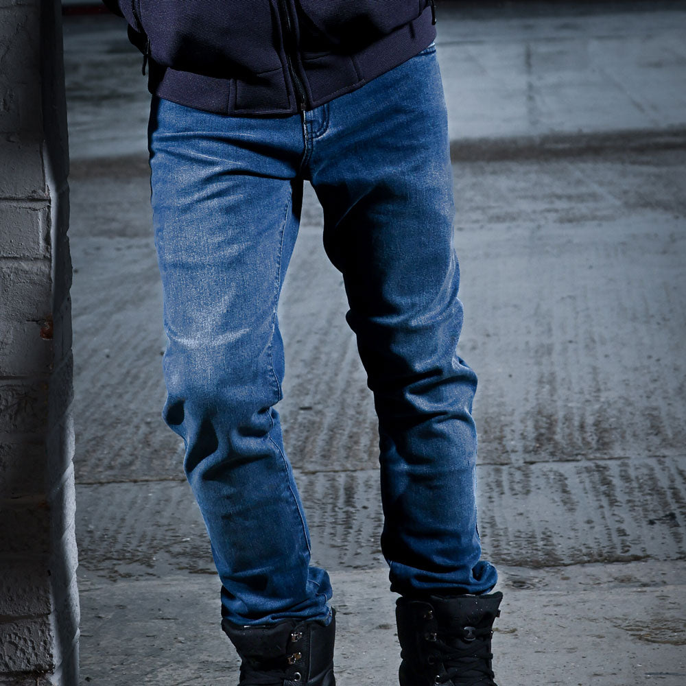 dean harrison wearing blue drifter protective motorcycle jeans